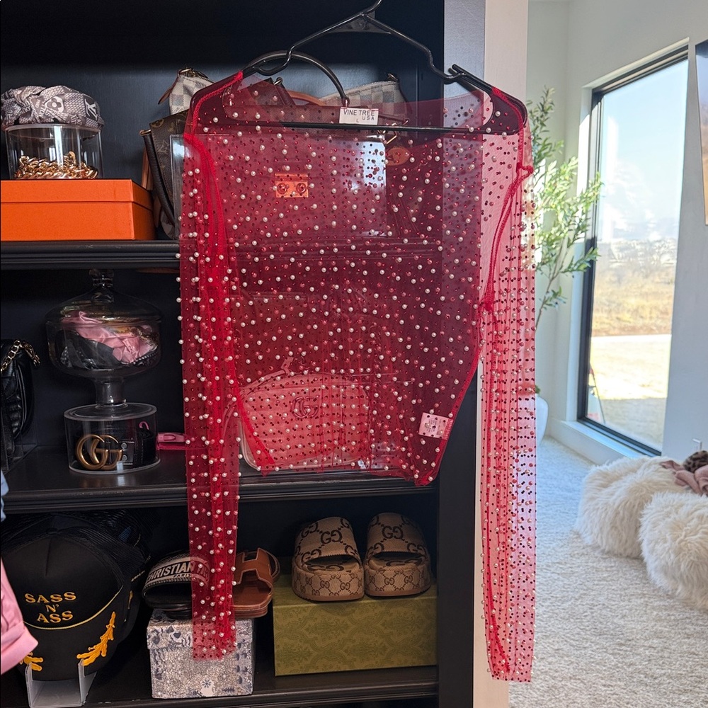 Elegant Red Polka Dot Sheer Blouse